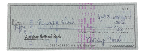 Stan Musial St. Louis Cardinals Signed Personal Bank Check #5516 BAS Sports Integrity