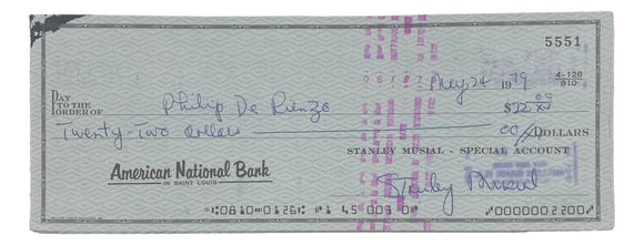 Stan Musial St. Louis Cardinals Signed Personal Bank Check #5551 BAS Sports Integrity