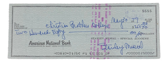 Stan Musial St. Louis Cardinals Signed Personal Bank Check #5555 BAS Sports Integrity