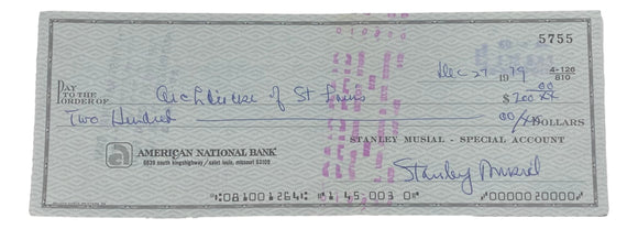 Stan Musial St. Louis Cardinals Signed Personal Bank Check #5755 BAS Sports Integrity