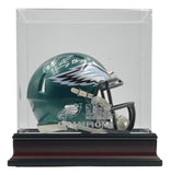 A Nakobe Dean signed Eagles mini speed helmet by Sports Integrity is showcased in a dark-based acrylic case featuring Super Bowl 59 LIX graphics, authenticated by PSA/DNA.
