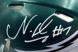 Close-up of a Sports Integrity Nakobe Dean Signed Eagles Mini Speed Helmet with #17 and Super Bowl 59 LIX inscription, PSA/DNA authenticated, featuring a white and black eagle wing logo.