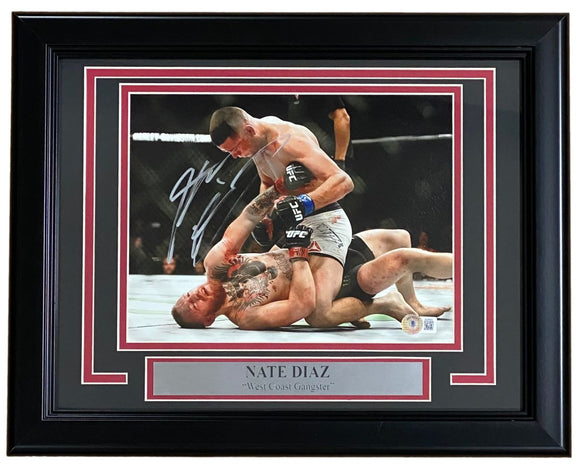 Nate Diaz Signed Framed 8x10 UFC Conor McGregor Fight Photo BAS