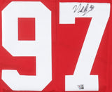 Nick Bosa Signed San Francisco 49ers Nike Elite Jersey by Sports Integrity, features large white number 97, autograph in black near top right of the "7", and a small authentication sticker near its bottom.