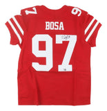 The Sports Integrity Nick Bosa Signed San Francisco 49ers Nike Elite Jersey features white sleeve stripes, “BOSA” and 97 on the back, with Bosa’s autograph on the number 7.
