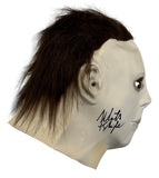 The Sports Integrity Nick Castle Signed Halloween Michael Myers Rubber Mask “The Shape” (JSA) features a side profile with brown hair and an autograph on the cheek.