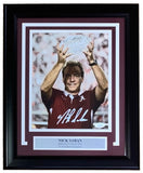 The Sports Integrity Nick Saban Signed Framed 8x10 Alabama Crimson Tide Trophy Photo (JSA) features Saban with the crystal football, his autograph, and a plaque that reads "NICK SABAN Alabama Crimson Tide, 7x National Champion.