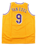 The Sports Integrity Nick Van Exel Los Angeles yellow basketball jersey features purple and white trim, VAN EXEL name, number 9 with a small autograph on the back, and JSA authentication.