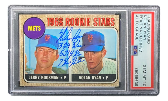 Nolan Ryan Signed 1968 Topps #177 Rookie Card Stat Inscr PSA/DNA Auto Gem MT 10 Sports Integrity