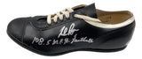 A Sports Integrity Nolan Ryan Texas Rangers vintage black leather cleat with white trim, signed "108.5 MPH" and his autograph in silver marker on the side; PSA authenticated.