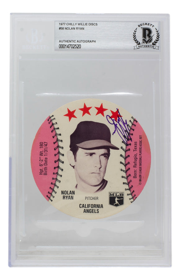 Nolan Ryan Signed 1977 Chilly Willie Discs California Angels Card #58 BAS Sports Integrity