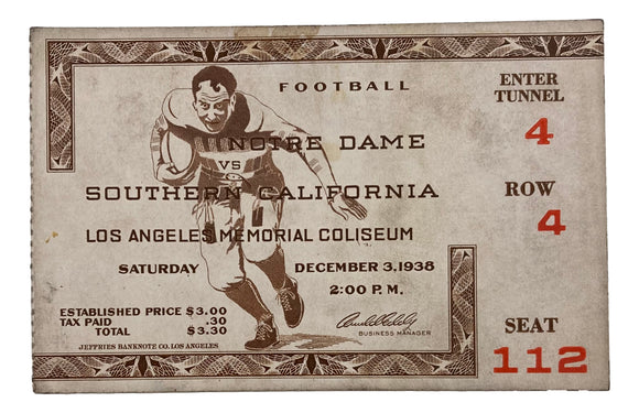 Notre Dame vs Southern California December 3 1938 Original Game Ticket