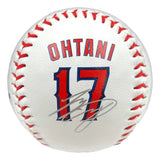 The Sports Integrity Shohei Ohtani Los Angeles Angels Rawlings Logo Baseball is a white ball with red stitching, OHTANI and #17 in red and blue, plus a black signature on the front.