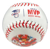 The Shohei Ohtani Los Angeles Angels Rawlings Logo Baseball by Sports Integrity is a white baseball with red stitching, featuring “2023 MVP Shohei Ohtani” text and an illustration of a player in a red uniform with a bat.