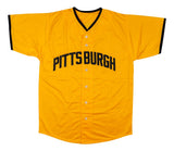 The Sports Integrity Oneil Cruz Pittsburgh Signed Yellow Baseball Jersey JSA features black trim, bold "PITTSBURGH" lettering, short sleeves, and front buttons.