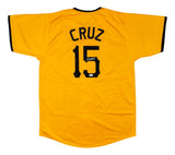 A Oneil Cruz Pittsburgh yellow baseball jersey by Sports Integrity, featuring black trim, "CRUZ" and number 15 in black on the back, with a small autograph inside the number 5. Authenticated by JSA.