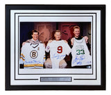 Sports Integrity Ted Williams, Bobby Orr, and Larry Bird Signed Framed 16x20 Boston Legends Photo features autographed Red Sox, Bruins, and Celtics jerseys—perfect for fans.
