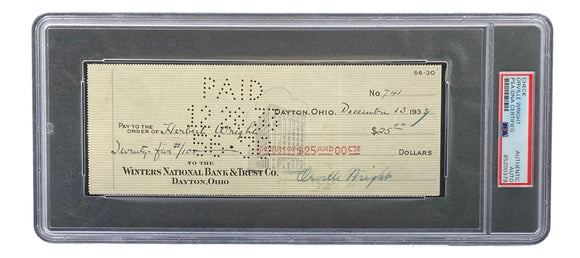 Orville Wright Signed Slabbed Bank Check PSA/DNA 85200379