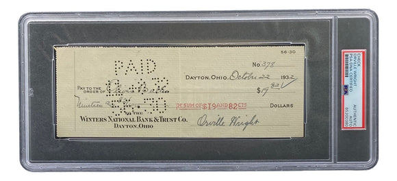 Orville Wright Signed Slabbed Bank Check PSA/DNA 85200380