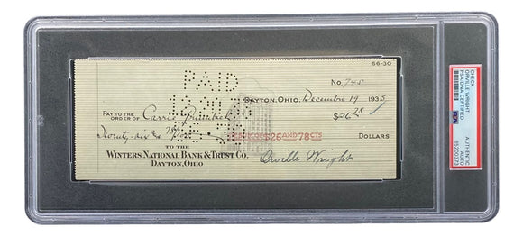 Orville Wright Signed Slabbed Bank Check PSA/DNA 85200373