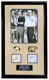 The Sports Integrity Arnold Palmer Jack Nicklaus Signed Framed PGA Cut Signature Collage features a black-and-white photo, their autographs, umbrella and bear graphics, and a descriptive plaque. PSA LOA included.