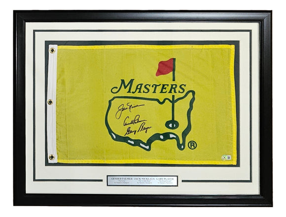 Arnold Palmer Jack Nicklaus Gary Player Signed Framed Masters Golf Flag BAS LOA Sports Integrity