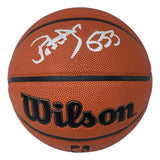 A Sports Integrity Patrick Ewing New York Knicks signed NBA Wilson I/O basketball with a visible black logo and white signature on one of the panels.