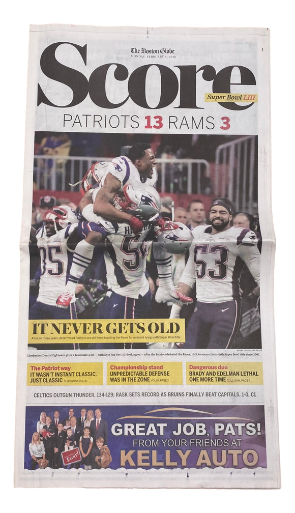 New England Patriots Super Bowl LIII The Boston Globe February 4, 2019 Newspaper