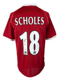 A Paul Scholes Signed Manchester United Nike Soccer Jersey by Sports Integrity, with SCHOLES and number 18 in white on the back, plus Premier League lion logos and a small scissor graphic on the left of the 1.