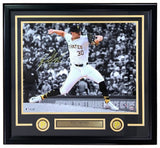 The Sports Integrity Paul Skenes Signed Framed 16x20 Pittsburgh Pirates Photo features Skenes (#30) mid-pitch, a gold autograph, team logos, a PAUL SKENES nameplate, and a black-and-white crowd background with MLB hologram.