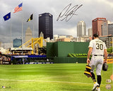Sports Integrity’s Paul Skenes Signed 16x20 Pittsburgh Pirates Debut Photo (MLB Hologram) shows Skenes in a #30 Pirates jersey at PNC Park, with city buildings, flags, and the yellow Clemente Bridge in the background. Signature at top.