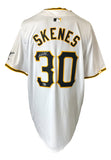The Sports Integrity Paul Skenes Signed Pittsburgh Pirates White Nike Replica Jersey features SKENES and 30 on the back, with his autograph on the number and an official MLB hologram.