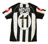 This Sports Integrity Pavel Nedved Signed Juventus Umbro Soccer Jersey BAS features black and white stripes, NEDVED and 11 on the back with red sponsor sleeve patches, plus a signature inside the number.