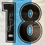 The Sports Integrity Pavel Nedved Signed Lazio Puma Soccer Jersey features textured white and light blue fabric, a bold black number 18 (with a signed and stickered "1"), and alternating white-blue background panels.