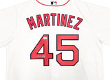 The Sports Integrity Pedro Martinez Signed Boston Red Sox White Nike Replica Jersey features MARTINEZ and 45 in red, black trim, and a small autograph on the lower part of the number 4.