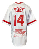The Sports Integrity Pete Rose Cincinnati Signed White Stat Baseball Jersey features red accents, "ROSE" and number 14 in bold red on the back, plus stats and achievements below the number. Authenticated by JSA.