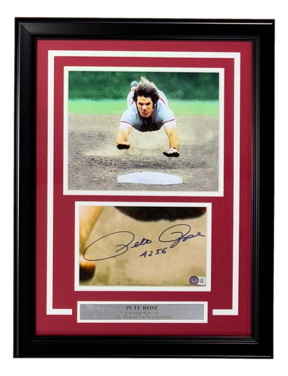 Pete Rose Signed Framed Cut Sig w/ 8x10 Cincinnati Reds Photo 4256 Inscribed BAS