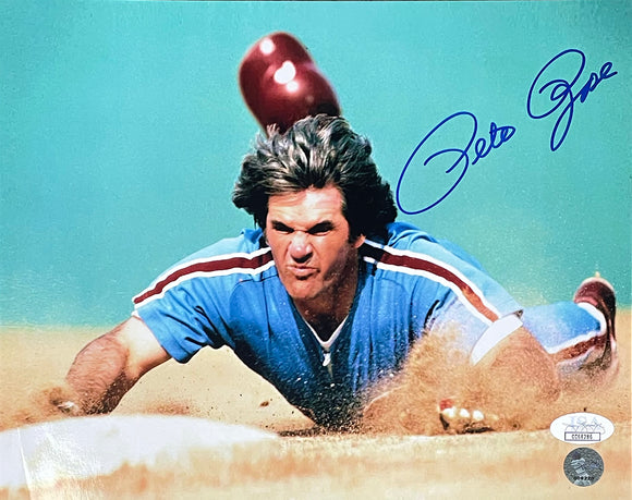 Pete Rose Signed 8x10 Philadelphia Phillies Superman Slide Photo JSA