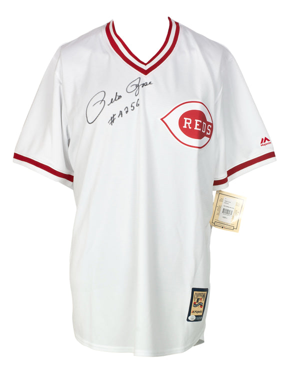 Pete Rose Signed Cincinnati Reds Majestic Baseball Jersey #4256 Inscribed JSA Sports Integrity