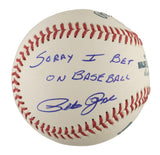 The Sports Integrity Pete Rose Cincinnati Reds Signed MLB Baseball features "SORRY I BET ON BASEBALL" handwritten in blue ink and a signature, PSA/DNA authenticated.
