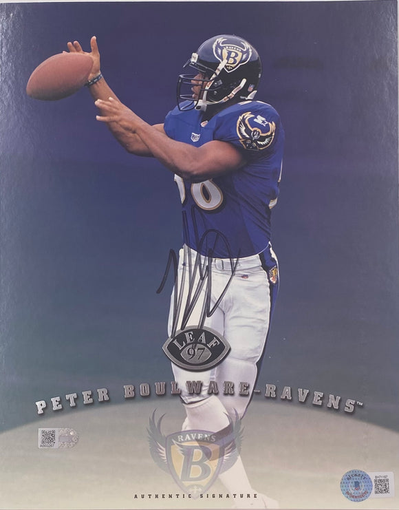 Peter Boulware Signed 8x10 Baltimore Ravens 1997 Leaf Trading Card BAS
