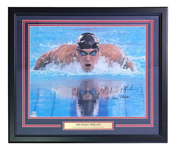 Michael Phelps Signed Framed 16x20 Olympic Swim Photo 18 Gold Medals Phelps+SI Sports Integrity