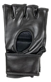 The Sports Integrity Dustin Poirier Signed UFC Fight Glove BAS is a black fingerless leather glove with an open knuckle design and large back cutout, ideal for martial arts or fitness training.