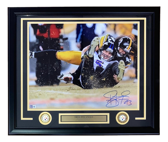 Troy Polamalu Signed Framed 16x20 Pittsburgh Steelers Sack vs Ravens Photo BAS Sports Integrity