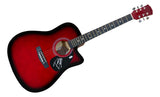 The Sports Integrity Post Malone Signed 41" Red Acoustic Guitar, featuring a cutaway design, silver tuners, and white signature near the sound hole, is displayed on a white background with PSA/DNA hologram authentication.