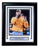 Sports Integrity Post Malone Signed Framed 8x10 Photo with JSA Hologram, featuring Post Malone on stage in a yellow jacket and cap; includes a silver nameplate reading POST MALONE.