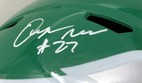 A close-up of the Quinyon Mitchell Signed Eagles Full Size Kelly Green Speed Replica Helmet by Sports Integrity, featuring his signature and number 27 on the surface.