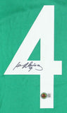 A large white number 4 is printed on this green Nike Mexico soccer jersey, signed by Rafa Marquez in black ink, with a small circular QR code logo near the bottom. Offered by Sports Integrity and authenticated by BAS.