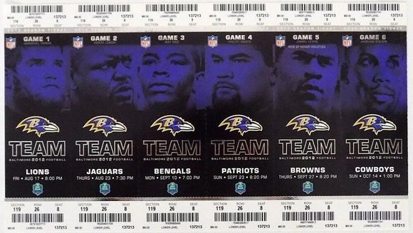 2012 Baltimore Ravens Home Game Unused Tickets Games 1-6 Set Ray Lewis Final Yr
