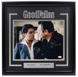 Sports Integrity Ray Liotta Paul Sorvino Signed Framed 11x14 "Hill & Cicero" Goodfellas photo, featuring both actors in conversation, includes nameplates and JSA authentication.